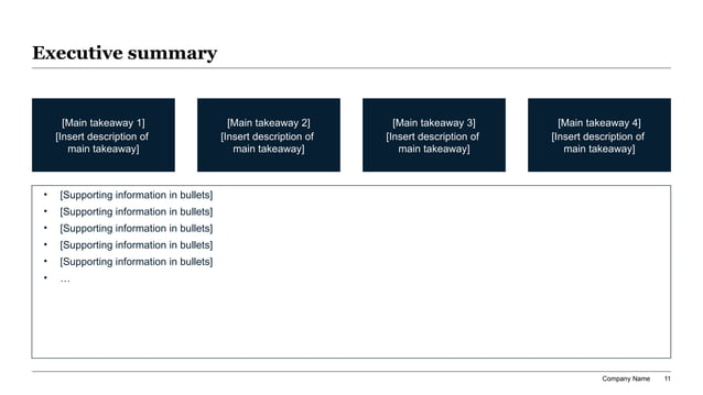 Product launch opening summary using four takeaway cards to frame target audience launch timing proof points and decision ask