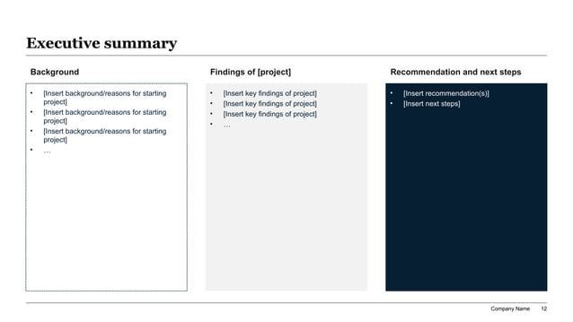 Plastic-free packaging roadmap slide with three executive summary columns for background, findings, and recommendations on sustainable material transition.
