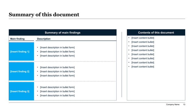 Split-panel M&A due diligence summary slide showing the main findings on the left and the diligence content flow on the right