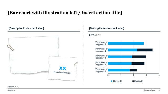 Creative split-panel financial presentation layout featuring callout metric notes on the left paired with a horizontal stacked bar chart modeling cap table ownership percentages and dilution across funding rounds on the right.