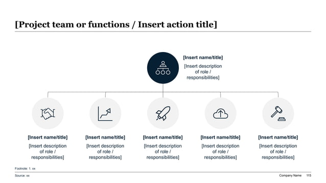 Professional McKinsey-style ZBB slide featuring a 5-function icon-based team structure diagram with a top executive circle and five lower nodes populated with corporate line icons.