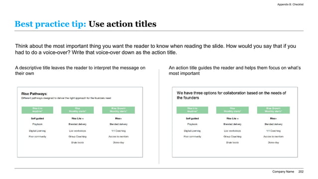 Before and after example showing how to rewrite proposal slide titles into action titles