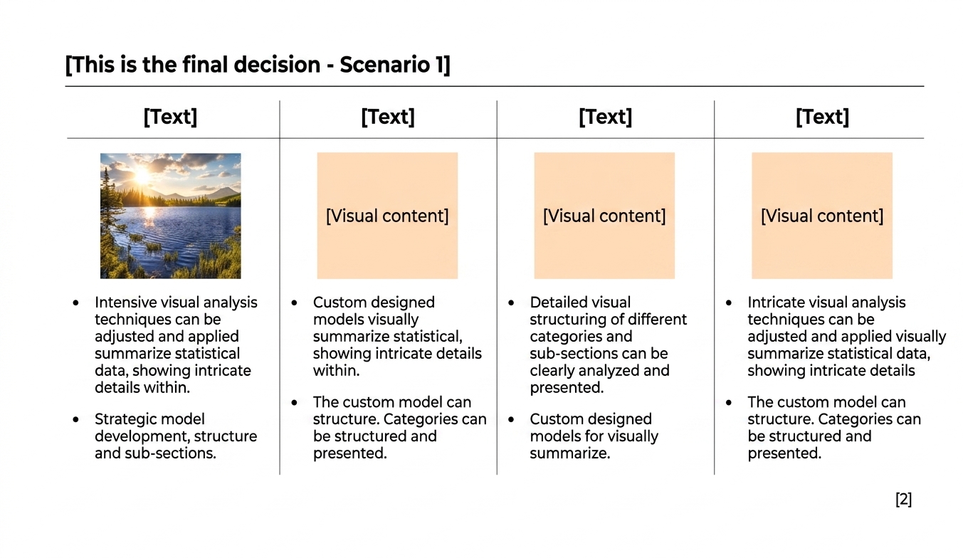Four-column post-merger integration slide layout showing functional workstreams with a visual anchor and narrative bullets for each lane