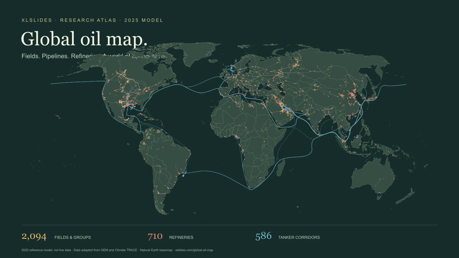 Overview of the oil atlas with fields, refineries and transport routes